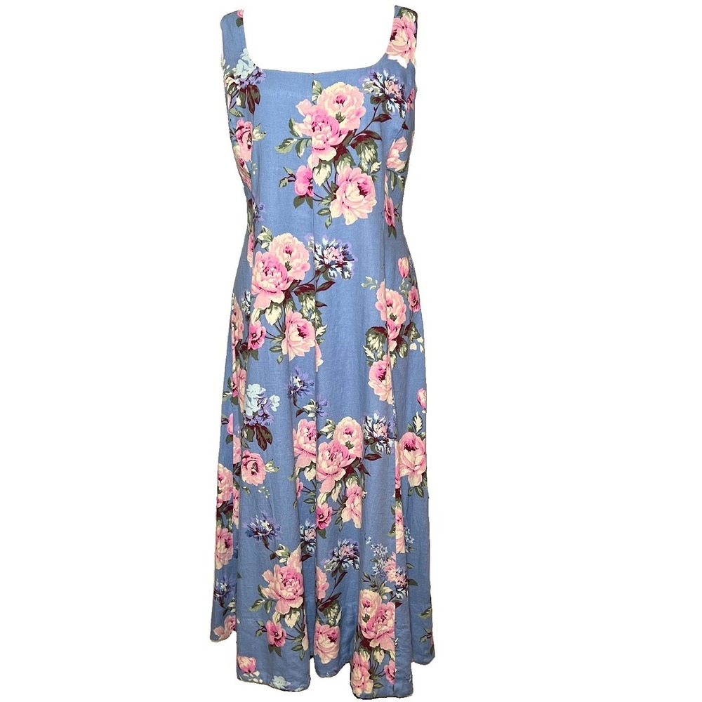 Gap Maxi Linen Blend Cottage Dress XXL Light Blue Floral Square Neck Shabby Chic